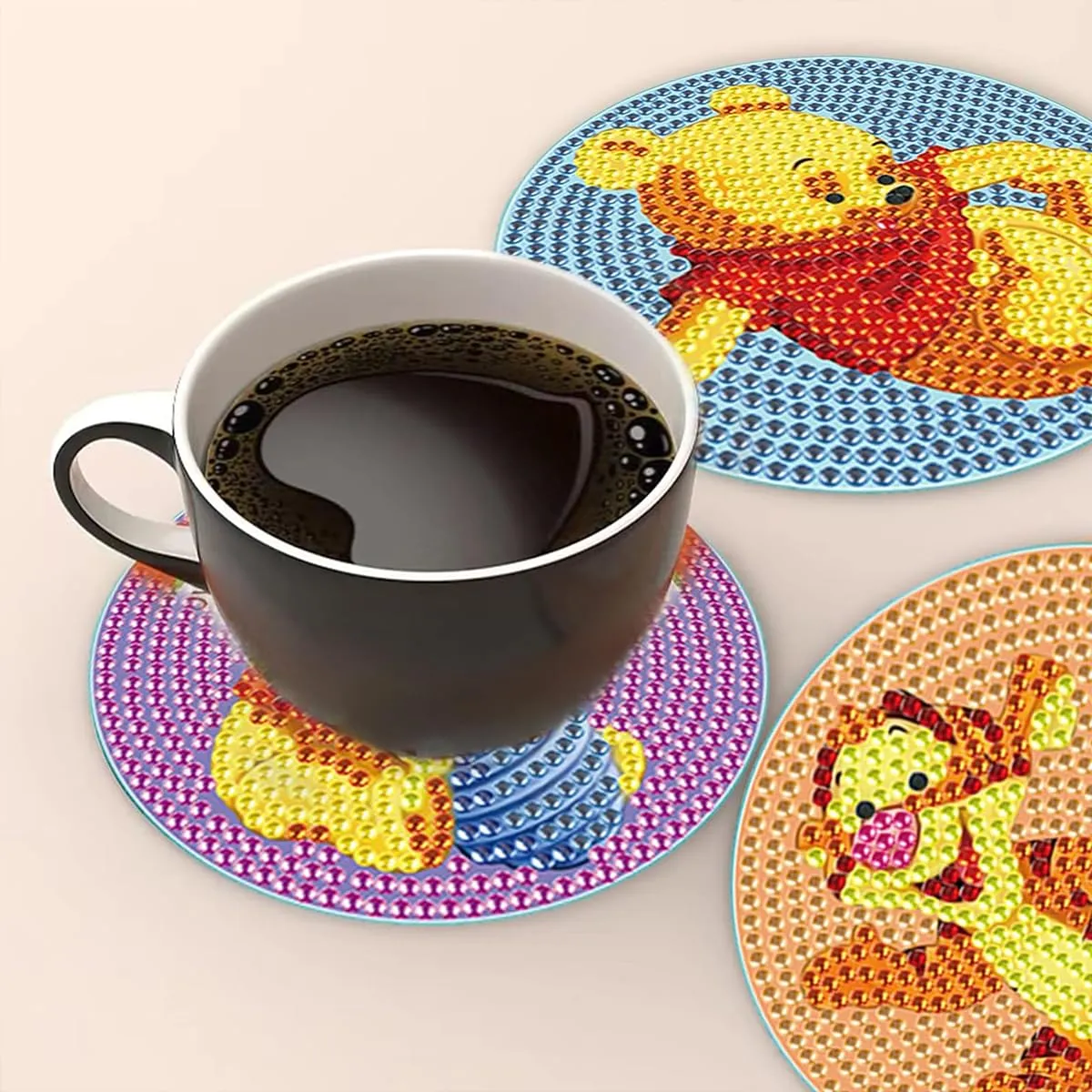 PATPAT® 5Pcs DIY Diamond Painting Kit Tea Coaster Set, Winnie the Pooh Cartoon Diamond Painting Coaster Set with Tools, Diamond Painting Coaster Diamond Painting Kit for Adults Kids Christmas Gifts