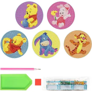 PATPAT® 5Pcs DIY Diamond Painting Kit Tea Coaster Set, Winnie the Pooh Cartoon Diamond Painting Coaster Set with Tools, Diamond Painting Coaster Diamond Painting Kit for Adults Kids Christmas Gifts