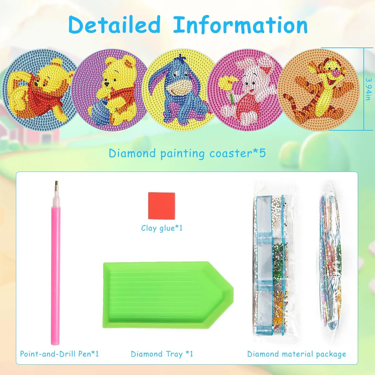 PATPAT® 5Pcs DIY Diamond Painting Kit Tea Coaster Set, Winnie the Pooh Cartoon Diamond Painting Coaster Set with Tools, Diamond Painting Coaster Diamond Painting Kit for Adults Kids Christmas Gifts