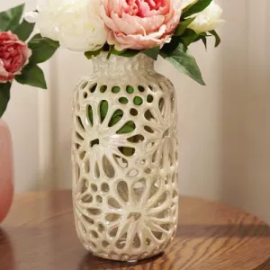 Pure Home   Living Ivory Floral Pattern Cut Out Ceramic Vase - Small