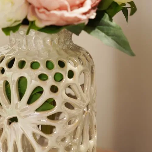 Pure Home   Living Ivory Floral Pattern Cut Out Ceramic Vase - Small