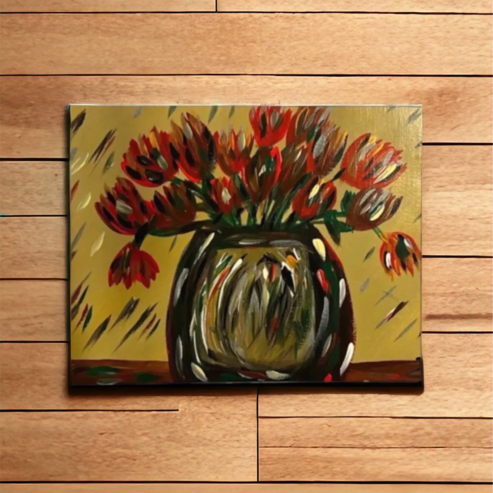 "The Red Tulips in a Vase" - Original Abstract Fine Artwork by: Deanna