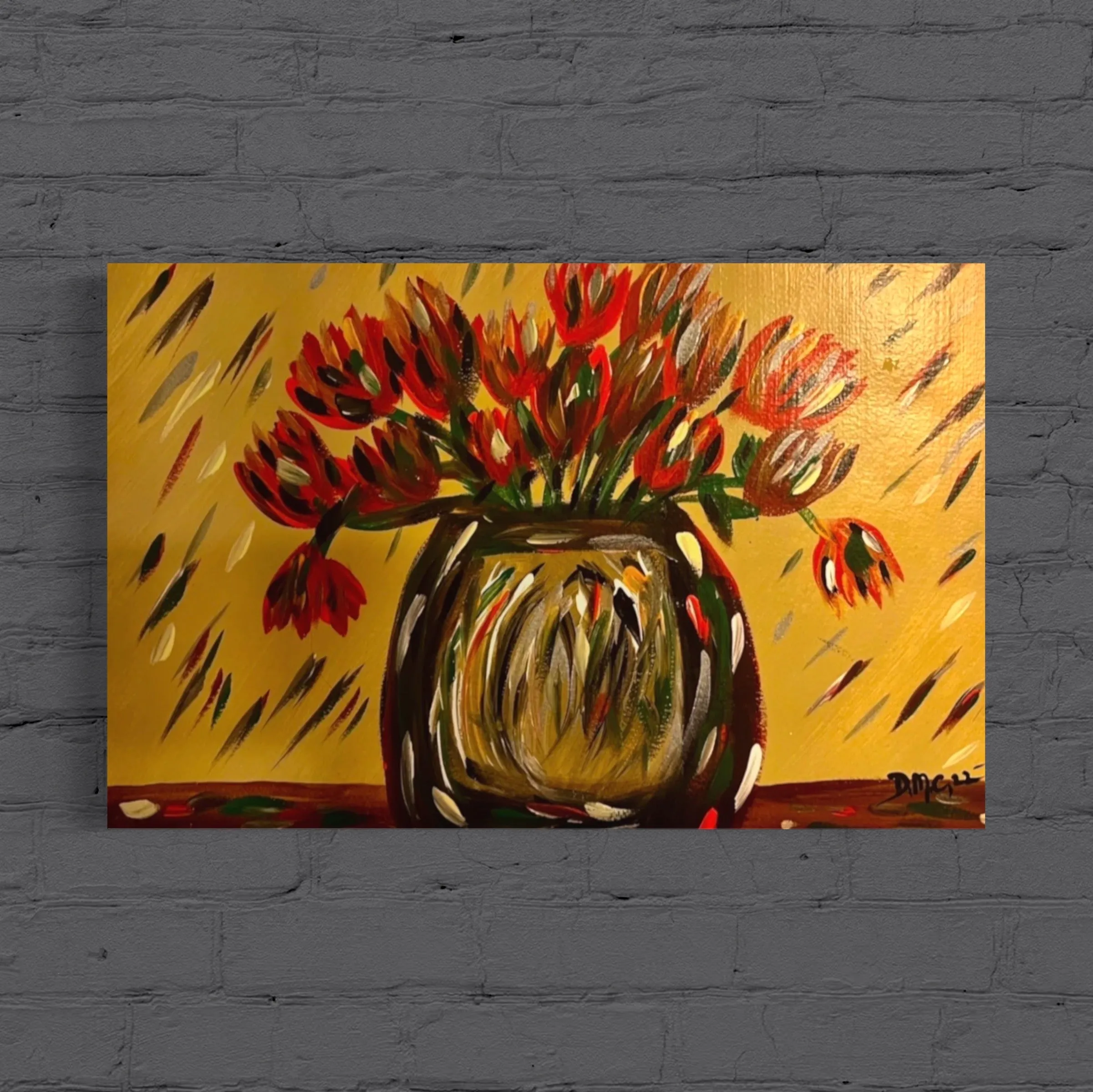 "The Red Tulips in a Vase" - Original Abstract Fine Artwork by: Deanna