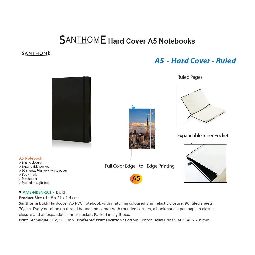 SANTHOME Hard Cover A5 Ruled Notebook - Black