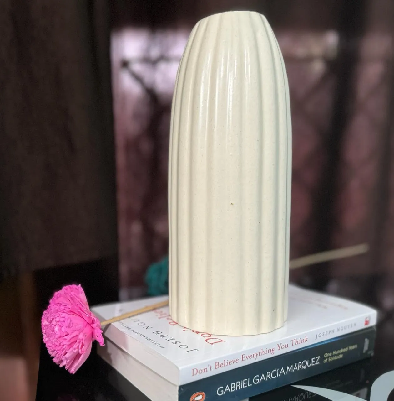 SPHINX Ribbed Pipe Long Ceramic Vase, Flower Vase, Pampas Grass Vase, Vase for money plant live plants, Vase Home Decor Centrepiece for Home, Office, or Gifts VASE ONLY NO FLOWERS- (White- 9 Inch)