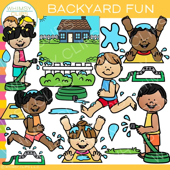 Summer Kids Having Fun in the Backyard Clip Art