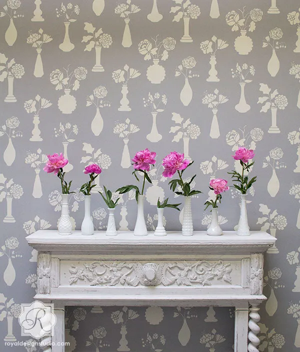 Vintage Vases Allover Floral Stencil