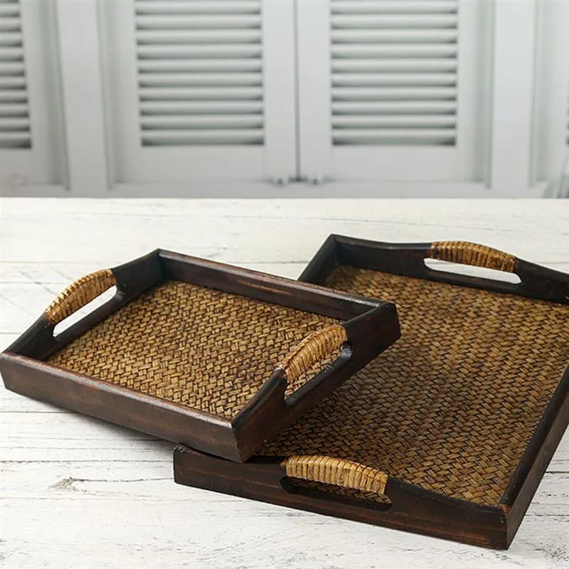Wooden Rattan Tea Tray with Storage for Serving Snacks