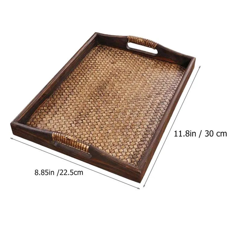 Wooden Rattan Tea Tray with Storage for Serving Snacks