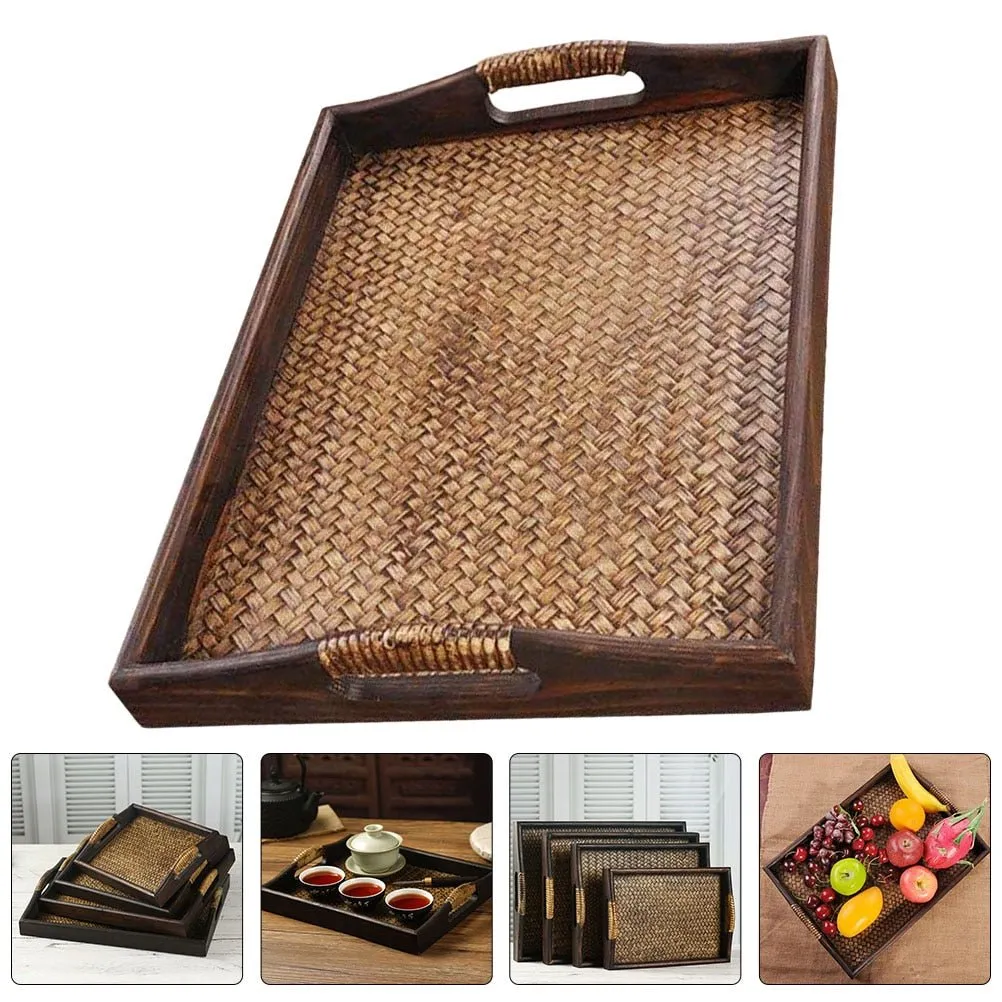 Wooden Rattan Tea Tray with Storage for Serving Snacks