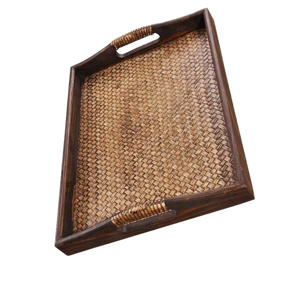 Wooden Rattan Tea Tray with Storage for Serving Snacks