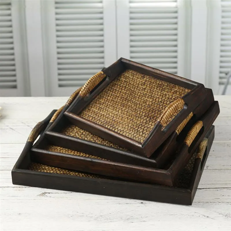 Wooden Rattan Tea Tray with Storage for Serving Snacks