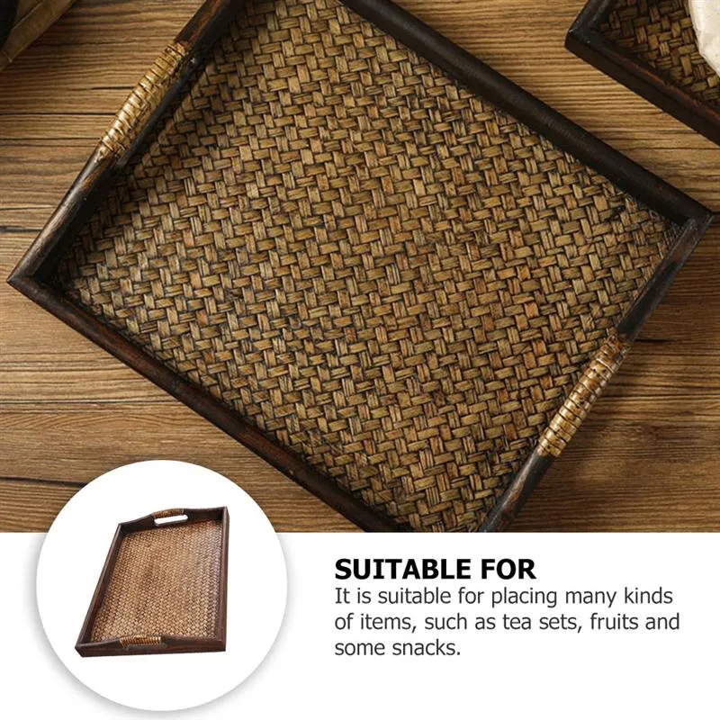 Wooden Rattan Tea Tray with Storage for Serving Snacks