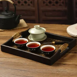 Wooden Rattan Tea Tray with Storage for Serving Snacks